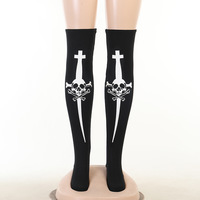 Black Punk Skull Halloween Stockings Knee Socks - Thumbnail 5