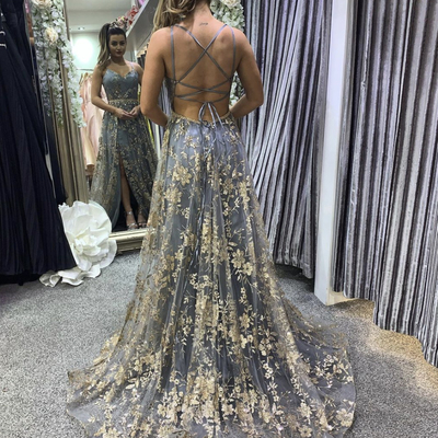 Gray tulle sequins long prom dress evening dress - Thumbnail 2