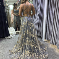 Gray tulle sequins long prom dress evening dress - Thumbnail 1