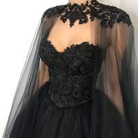 Black gothic corset lace wedding dress with cape, heavy beading fantasy gown, black tulle wedding dress, alternative bride dress,1120 - Thumbnail 1
