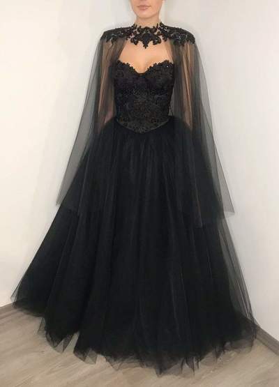 Black gothic corset lace wedding dress with cape, heavy beading fantasy gown, black tulle wedding dress, alternative bride dress,1120