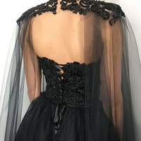 Black gothic corset lace wedding dress with cape, heavy beading fantasy gown, black tulle wedding dress, alternative bride dress,1120 - Thumbnail 2