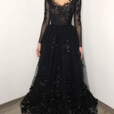 Black floral gothic wedding dress, black flower tulle lace dress, alternative bride dress,1121
