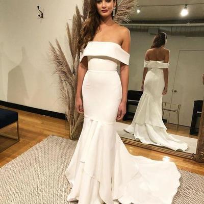 Mermaid wedding dress long white sweep train sleeveless deep beatu,1122