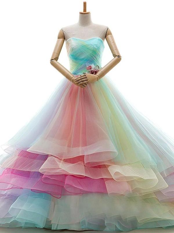 A-Line Sweetheart Court Train Gradient Multi Color Wedding Dress with Ruffles,1125