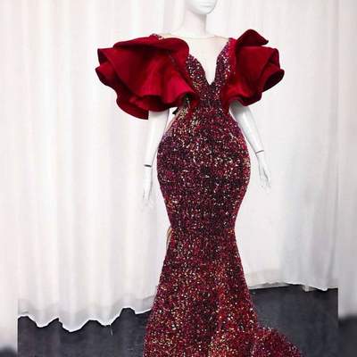 Sequin wedding reception dress, african velvet wedding dress, elegant velvet prom dress, evening party dress, african fashion clothing,1128