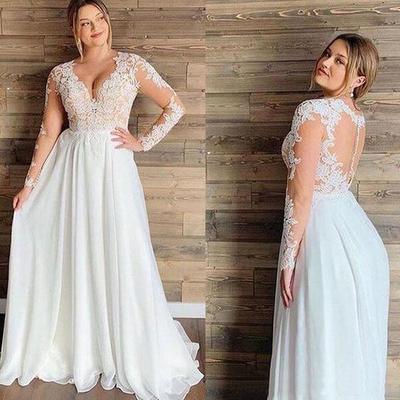 Plus size wedding dress v neck lace appliques long sleeve illusion,1131