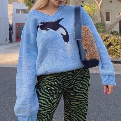 V-neck dolphin pullover knitted sweater