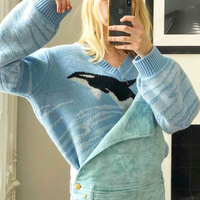 V-neck Dolphin Pullover Knitted Sweater - Thumbnail 3