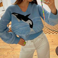 V-neck Dolphin Pullover Knitted Sweater - Thumbnail 2