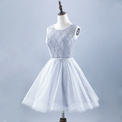 Gray tulle short prom dress gray evening dress - Thumbnail 4