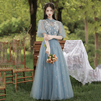 Blue tulle lace long prom dress evening dress - Thumbnail 1