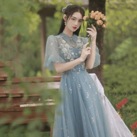 Blue tulle lace long prom dress evening dress - Thumbnail 2