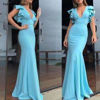 Charming Mermaid V Neck Sky Blue Long Prom Evening Dresses with Ruffle - Thumbnail 1