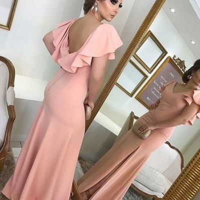 Chic mermaid v neck open back blush pink long prom evening dresses - Thumbnail 2