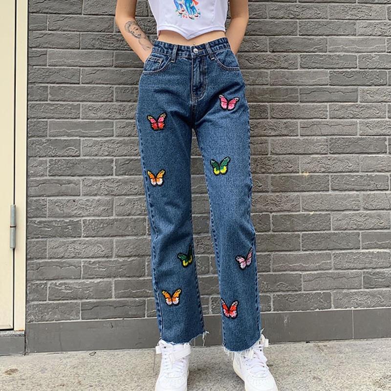 High Waist Butterfly Denim Jeans S 