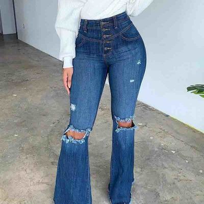 Ripped button flared jeans