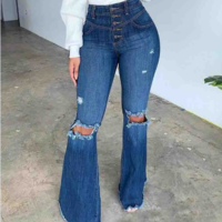 Ripped Button Flared Jeans - Thumbnail 1