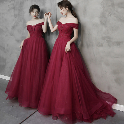 Burgundy tulle beads long prom dress a line evening dress - Thumbnail 3