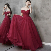 Burgundy tulle beads long prom dress A line evening dress - Thumbnail 2