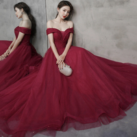 Burgundy tulle beads long prom dress A line evening dress - Thumbnail 4