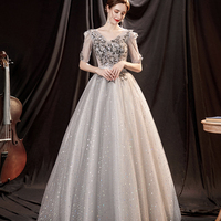 Gray tulle sequins long prom dress A line evening dress - Thumbnail 3