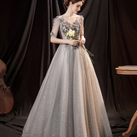 Gray tulle sequins long prom dress A line evening dress - Thumbnail 1