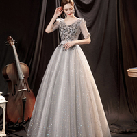 Gray tulle sequins long prom dress A line evening dress - Thumbnail 2