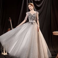 Gray tulle sequins long prom dress A line evening dress - Thumbnail 4