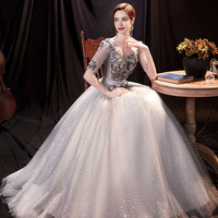 Gray tulle sequins long prom dress A line evening dress - Thumbnail 5