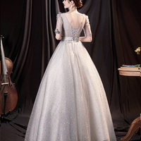 Gray tulle sequins long prom dress A line evening dress - Thumbnail 6