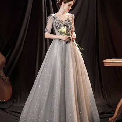 Gray tulle sequins long prom dress a line evening dress - Thumbnail 2