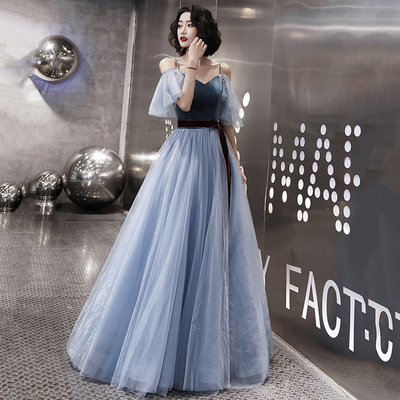 Blue tulle long a line prom dress evening dress - Thumbnail 3