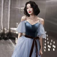 Blue tulle long A line prom dress evening dress - Thumbnail 2