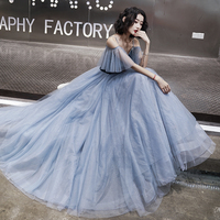 Blue tulle long A line prom dress evening dress - Thumbnail 4