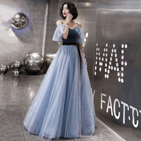 Blue tulle long A line prom dress evening dress - Thumbnail 6