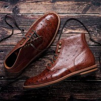 New Handmade Brown Leather Lace Up Ankle Boots for Men's - Thumbnail 4