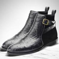 New Handmade Brown Leather Lace Up Ankle Boots for Men's - Thumbnail 1