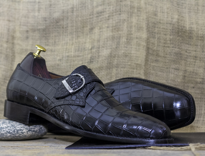 Handmade Black Monk Alligator Shoes, Dress Alligator Shoes