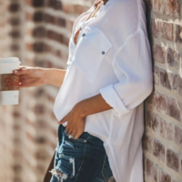 Solid Color White Long Sleeve Shirt - Thumbnail 1