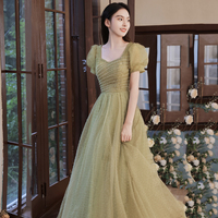 Green tulle beads long prom dress A line evening dress - Thumbnail 1