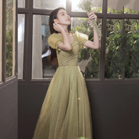 Green tulle beads long prom dress A line evening dress - Thumbnail 3