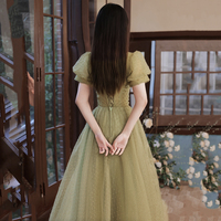 Green tulle beads long prom dress A line evening dress - Thumbnail 5