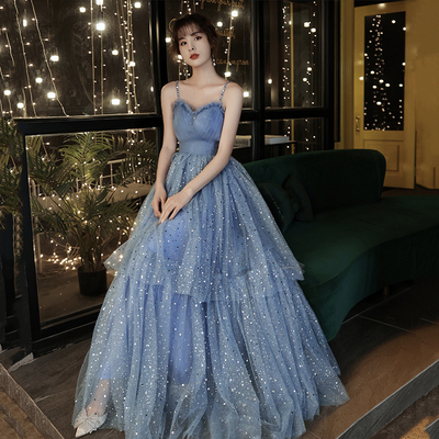 Blue tulle long a line prom dress blue evening dress - Thumbnail 3