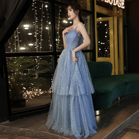 Blue tulle long A line prom dress blue evening dress - Thumbnail 1