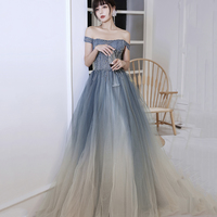 Gray tulle beads long prom dress evening dress - Thumbnail 1