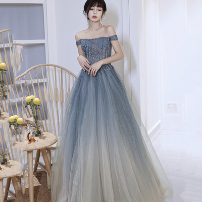Gray tulle beads long prom dress evening dress - Thumbnail 2