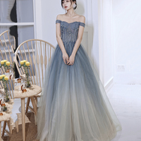 Gray tulle beads long prom dress evening dress - Thumbnail 2