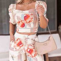 Casual Printed Puff Sleeve Two-piece Shorts - Thumbnail 1