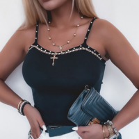 Sling Black Sleeveless Chain Beaded Top - Thumbnail 2